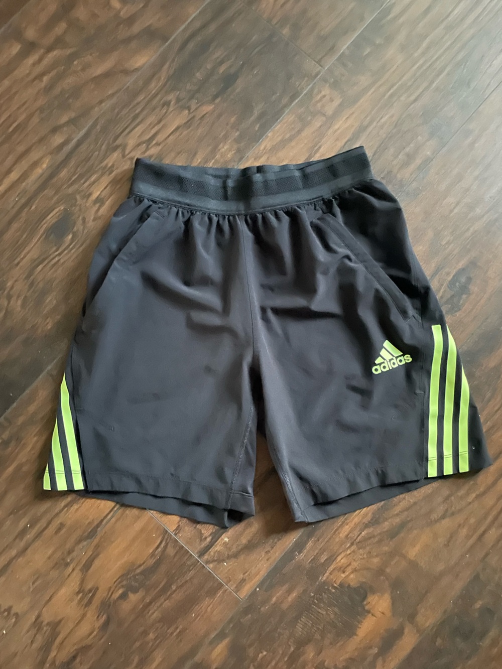 adidas Black Athletic Shorts with Neon Green Stripes
